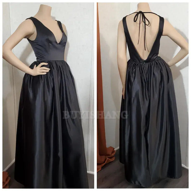 Buyishang Custom color available Black Deep V- shape neckline Low Back Long Dress evening dress party dress black dress