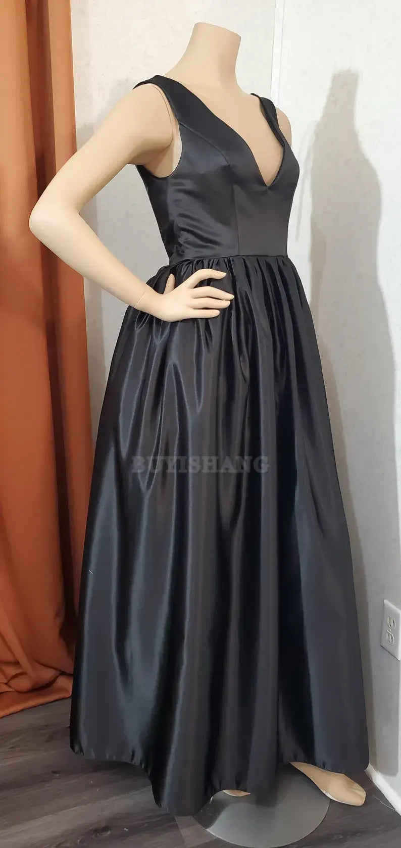 Buyishang Custom color available Black Deep V- shape neckline Low Back Long Dress evening dress party dress black dress