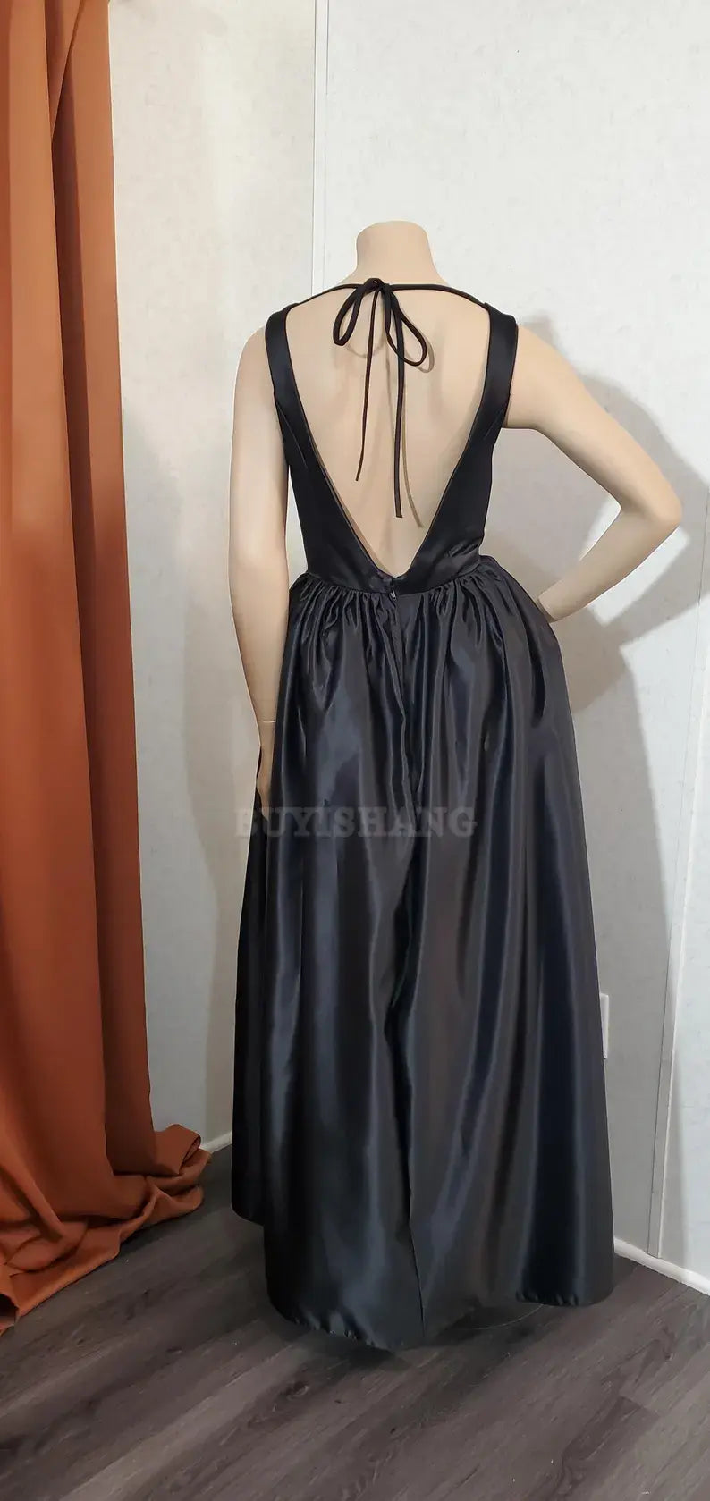 Buyishang Custom color available Black Deep V- shape neckline Low Back Long Dress evening dress party dress black dress