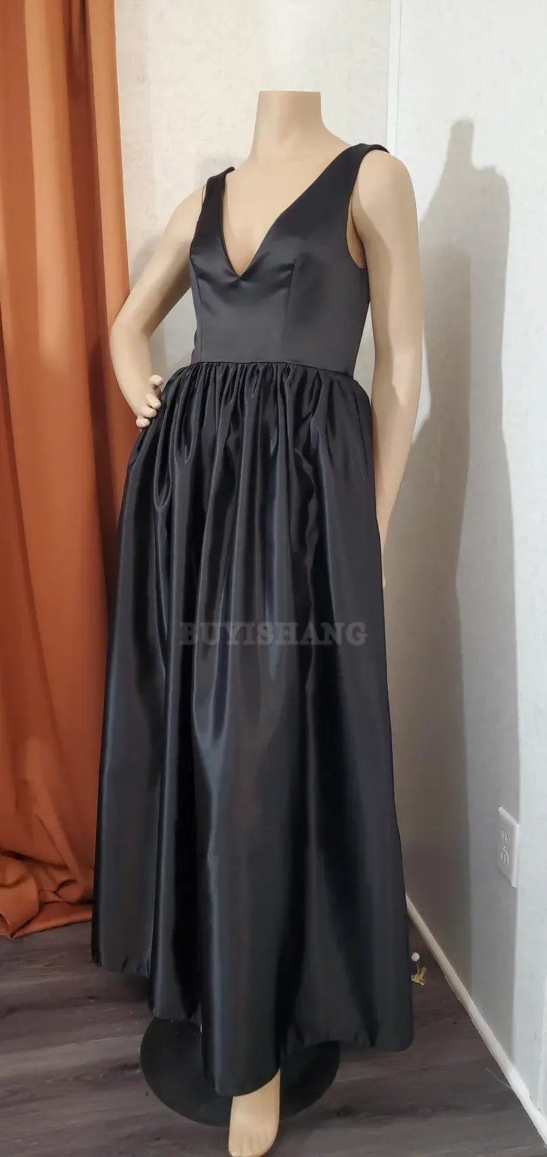Buyishang Custom color available Black Deep V- shape neckline Low Back Long Dress evening dress party dress black dress