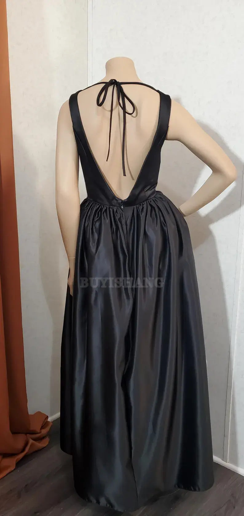 Buyishang Custom color available Black Deep V- shape neckline Low Back Long Dress evening dress party dress black dress