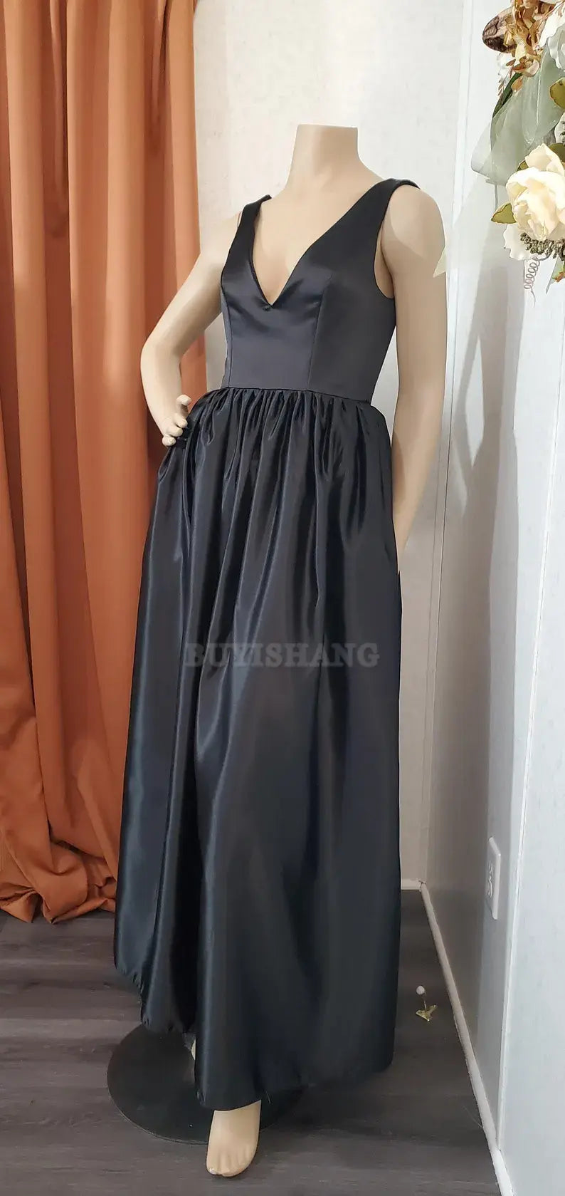 Buyishang Custom color available Black Deep V- shape neckline Low Back Long Dress evening dress party dress black dress
