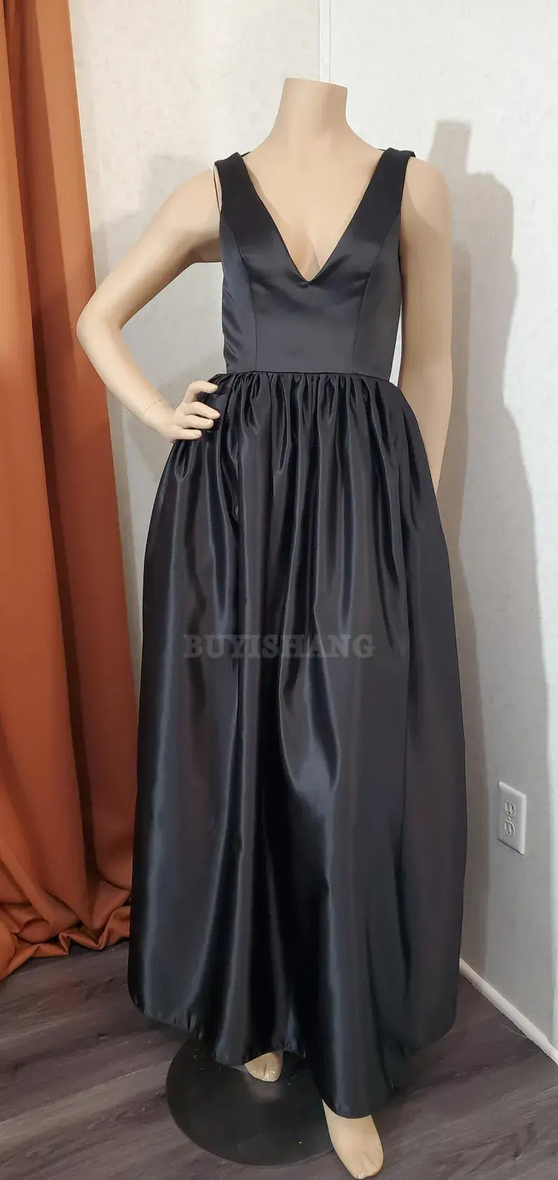 Buyishang Custom color available Black Deep V- shape neckline Low Back Long Dress evening dress party dress black dress