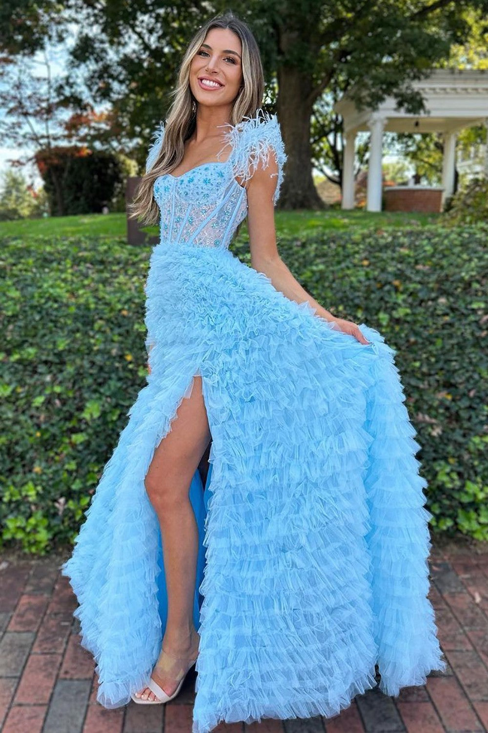 Stunning A-Line Feather Straps Long Ruffle Tulle Prom Dress With Split