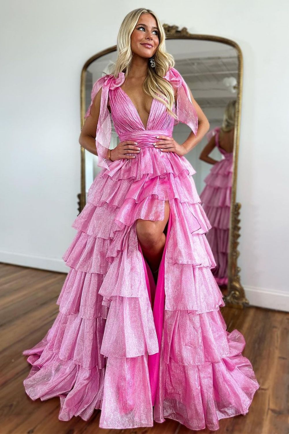 Cute Pink Princess A Line Deep V-Neck Long Tiered Prom Dress With Split