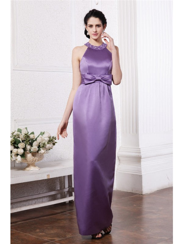 Sheath/Column Scoop Sleeveless Beading Bowknot Long  Woven Satin Bridesmaid Dresses