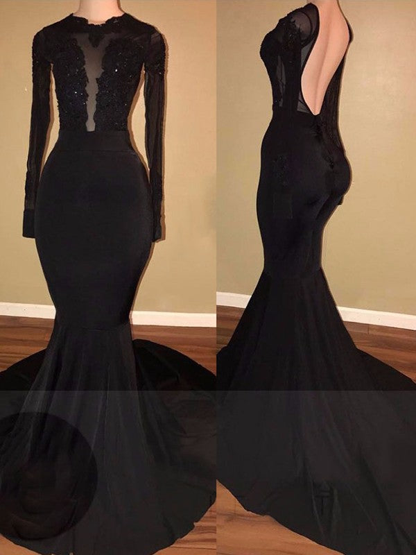 Trumpet/Mermaid  Woven Satin Lace Scoop Long Sleeves Chapel Train Dresses