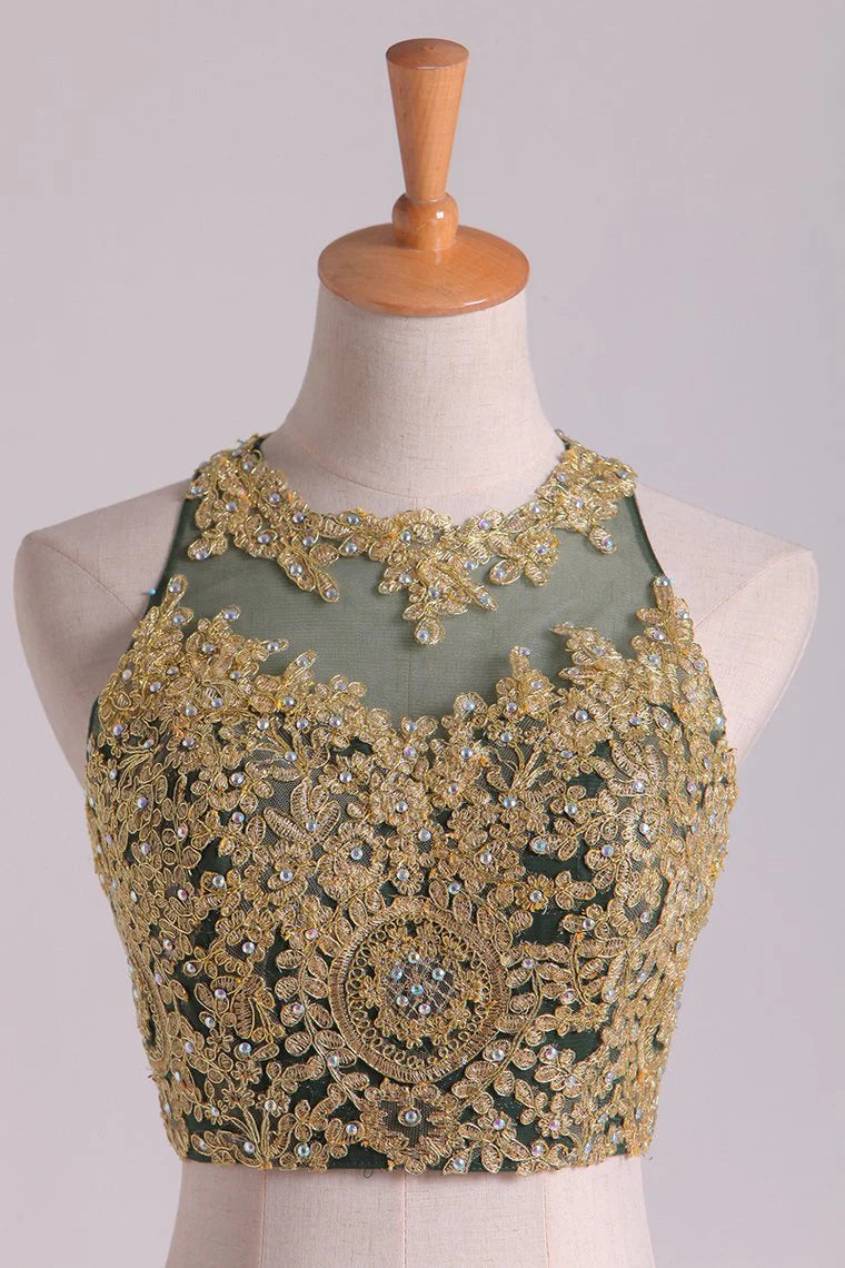 Mermaid Two-Piece Party Dresses Scoop Sweep/Brush Chiffon With Gold Applique