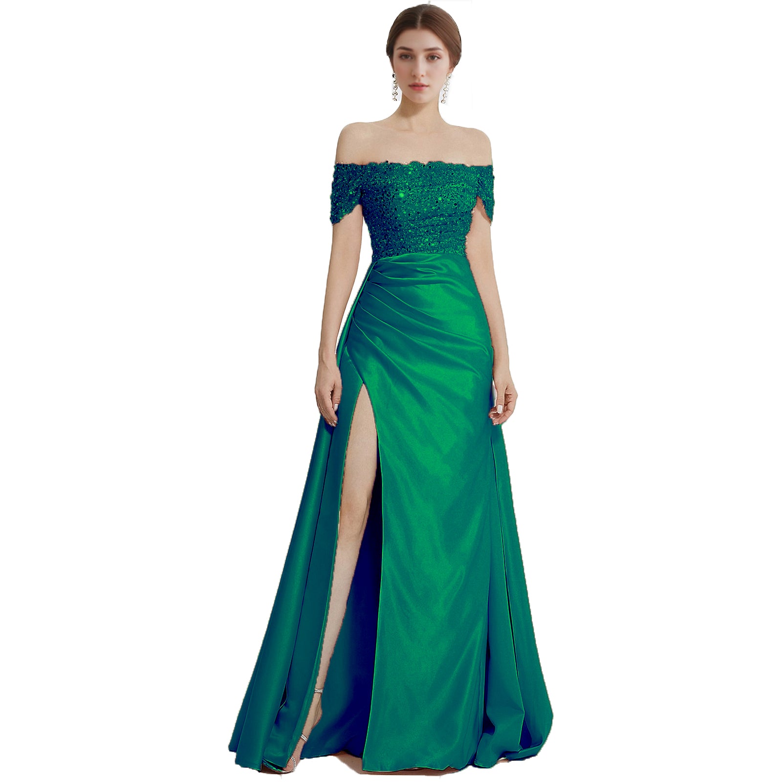 Sheath / Column Evening Gown Elegant Dress Formal Floor Length Short Sleeve Off Shoulder Sequined with Glitter Pleats Slit