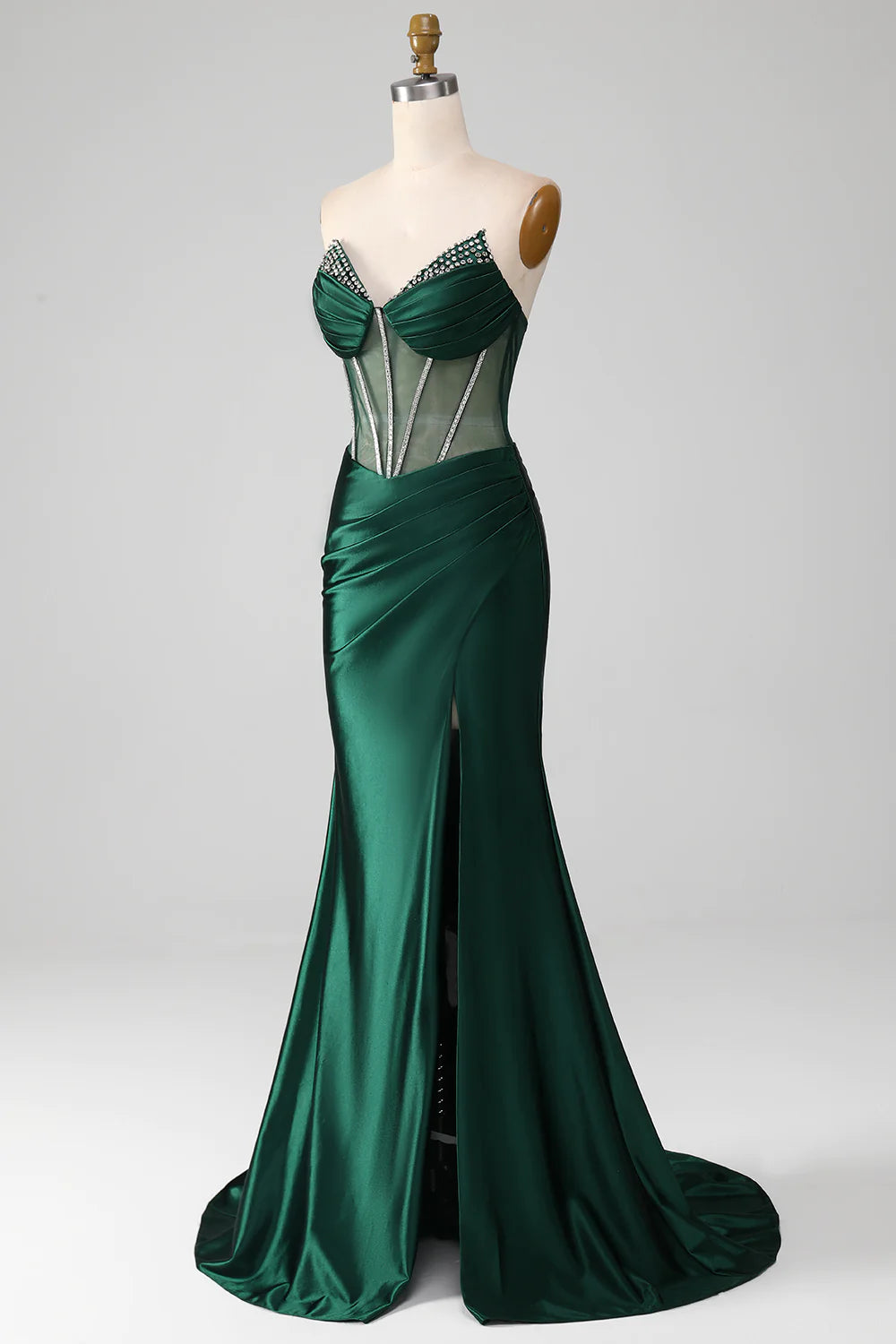 Dark Green Mermaid Strapless Long Corset Prom Dress with Beading