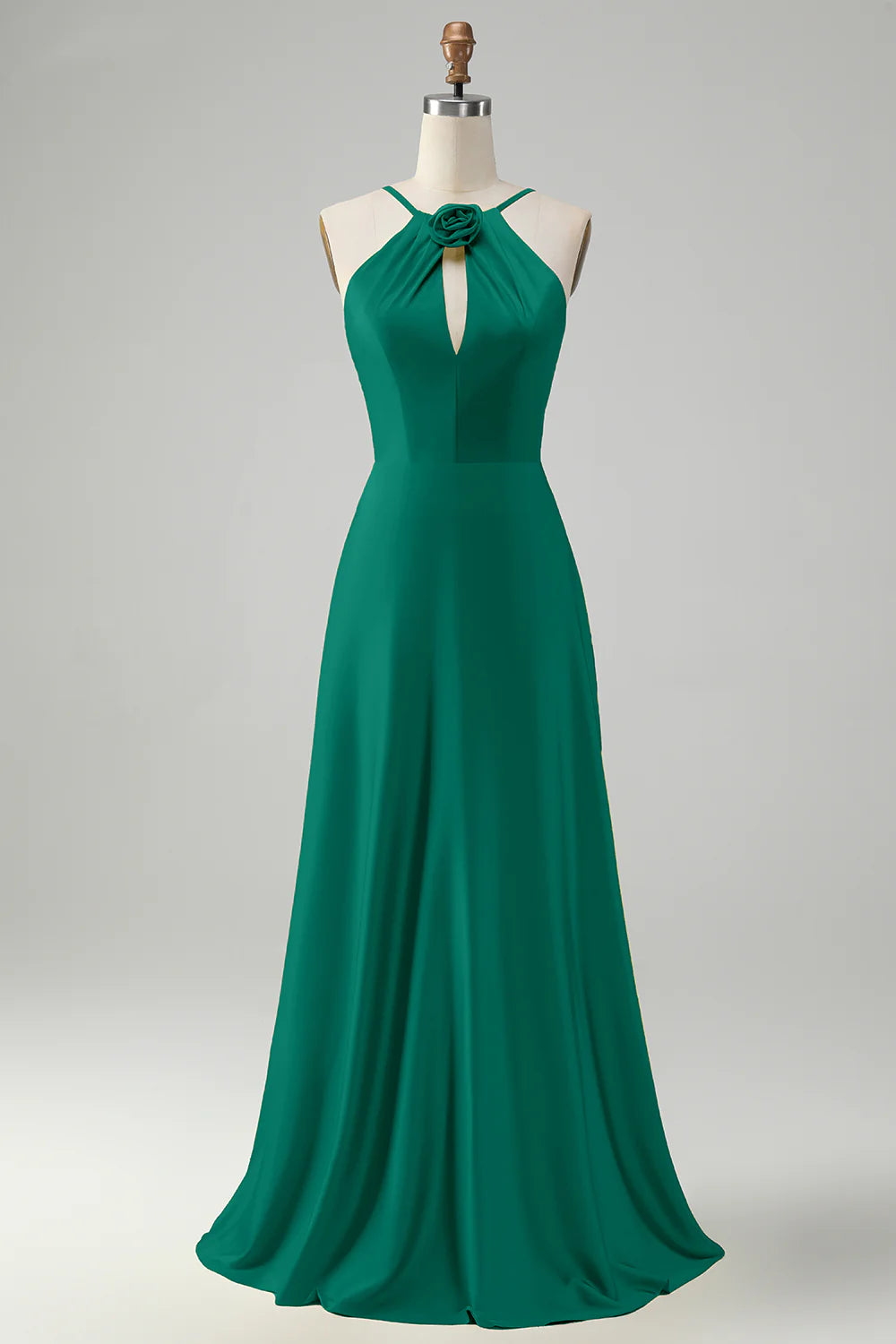 Yellow A Line Halter Cut Out Long Bridesmaid Dress with Flower