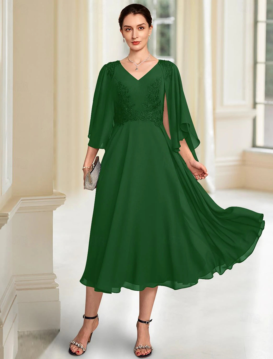 Buyishang A-Line Mother of the Bride Dress Elegant V Neck Tea Length Chiffon 3/4 Length Sleeve with Lace free custom size