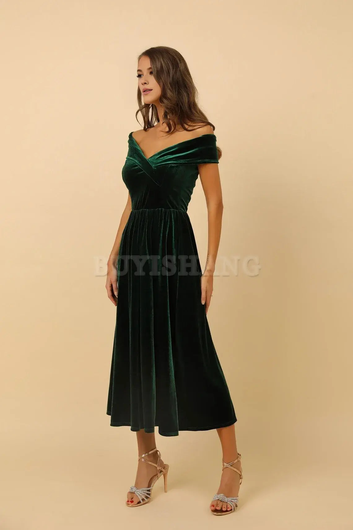 Buyishang Dark green midi dress velvet bridesmaids dress evening off the shoulder velvet dress prom