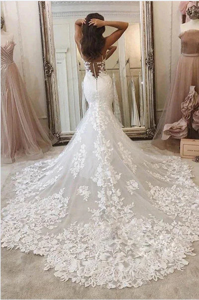 Buyishang Mermaid Lace White Wedding Dresses Spaghetti Straps
