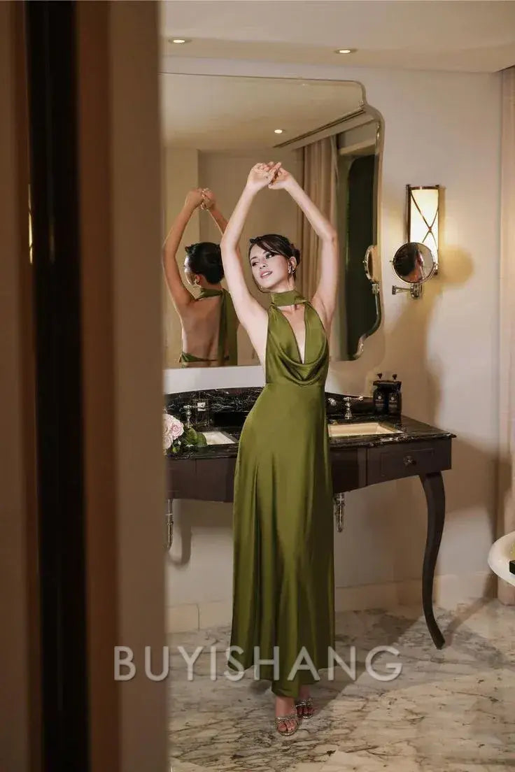 Buyishang Drop Neck Silk Maxi Dress Wedding Guest Dress Prom Dresses Evening Gowns