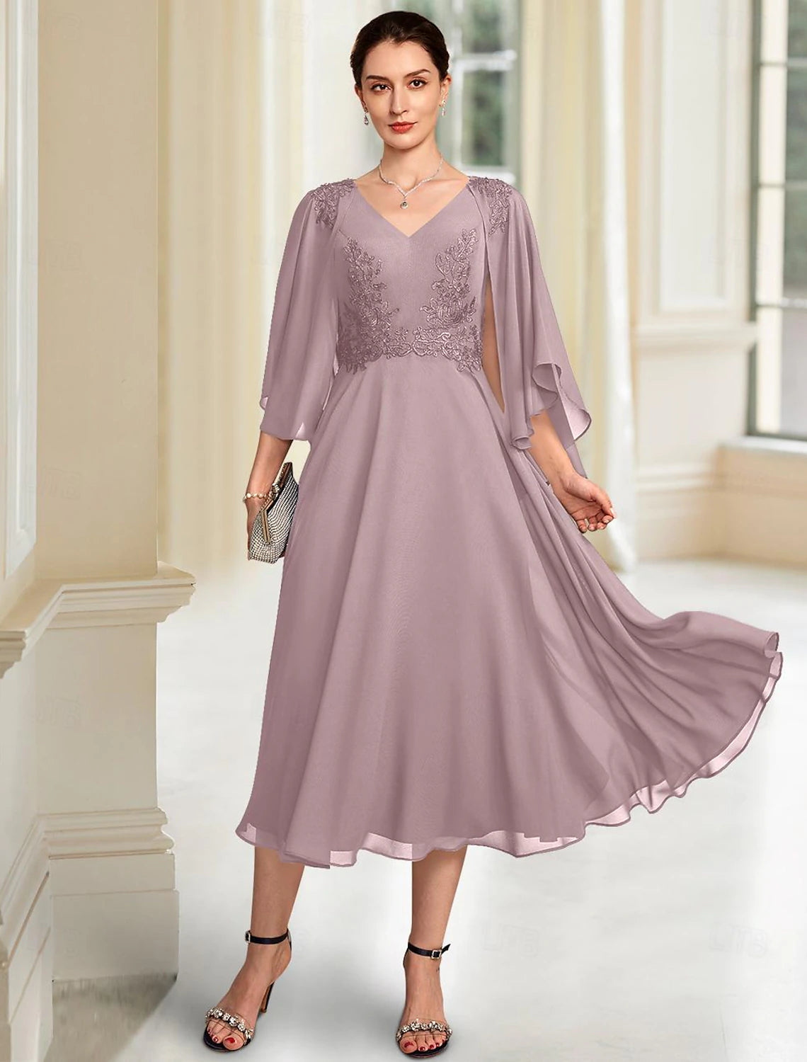Buyishang A-Line Mother of the Bride Dress Elegant V Neck Tea Length Chiffon 3/4 Length Sleeve with Lace free custom size
