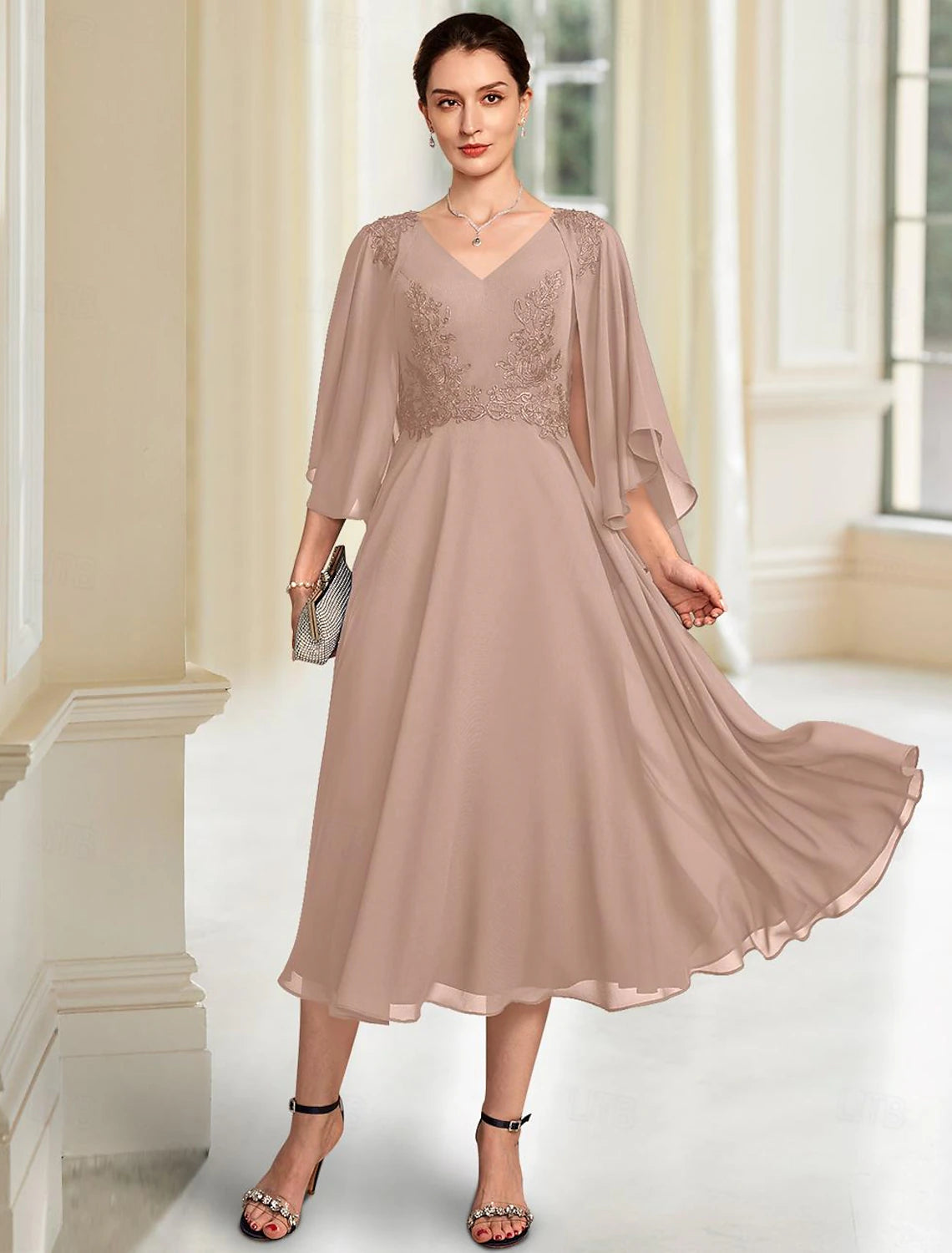 Buyishang A-Line Mother of the Bride Dress Elegant V Neck Tea Length Chiffon 3/4 Length Sleeve with Lace free custom size