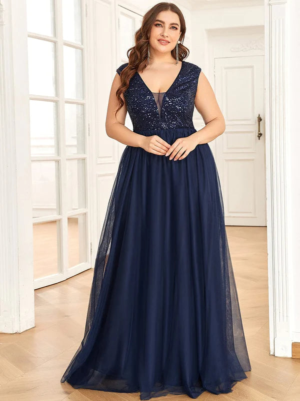 Plus Size Sequin Illusion Plunging V-Neckline Sleeveless A-Line Tulle Evening Dress