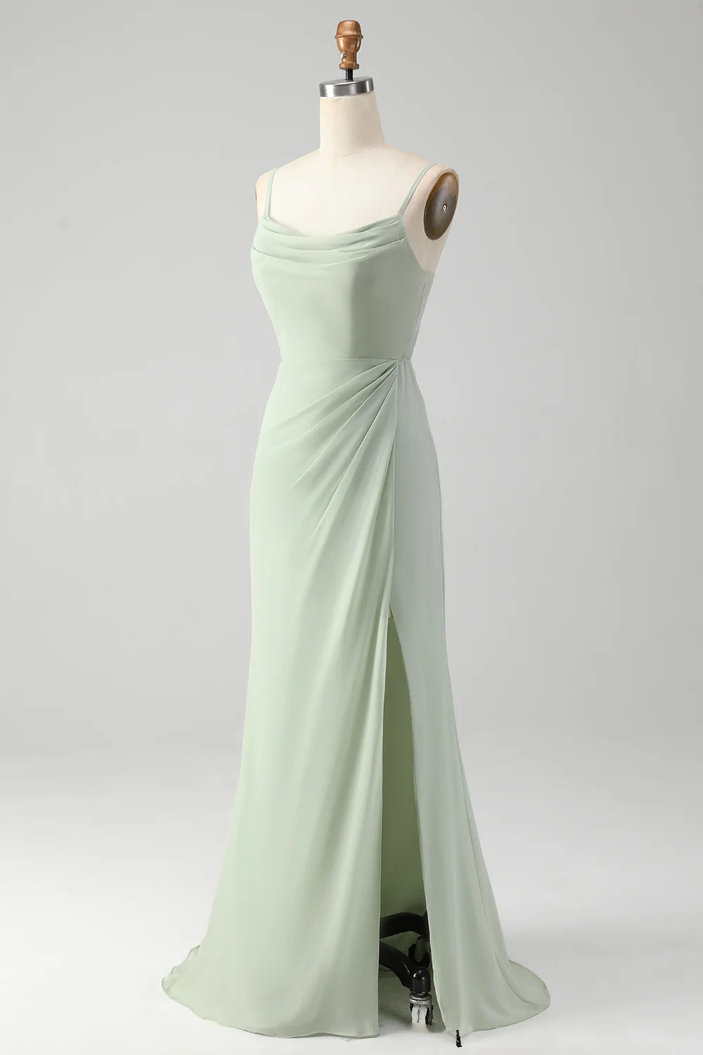 Matcha A Line Spaghetti Straps Satin Long Bridesmaid Dress with Lace Up Back