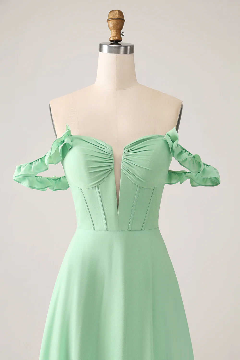 Green A Line Off The Shoulder Corset Bridesmaid Dress With Ruffles
