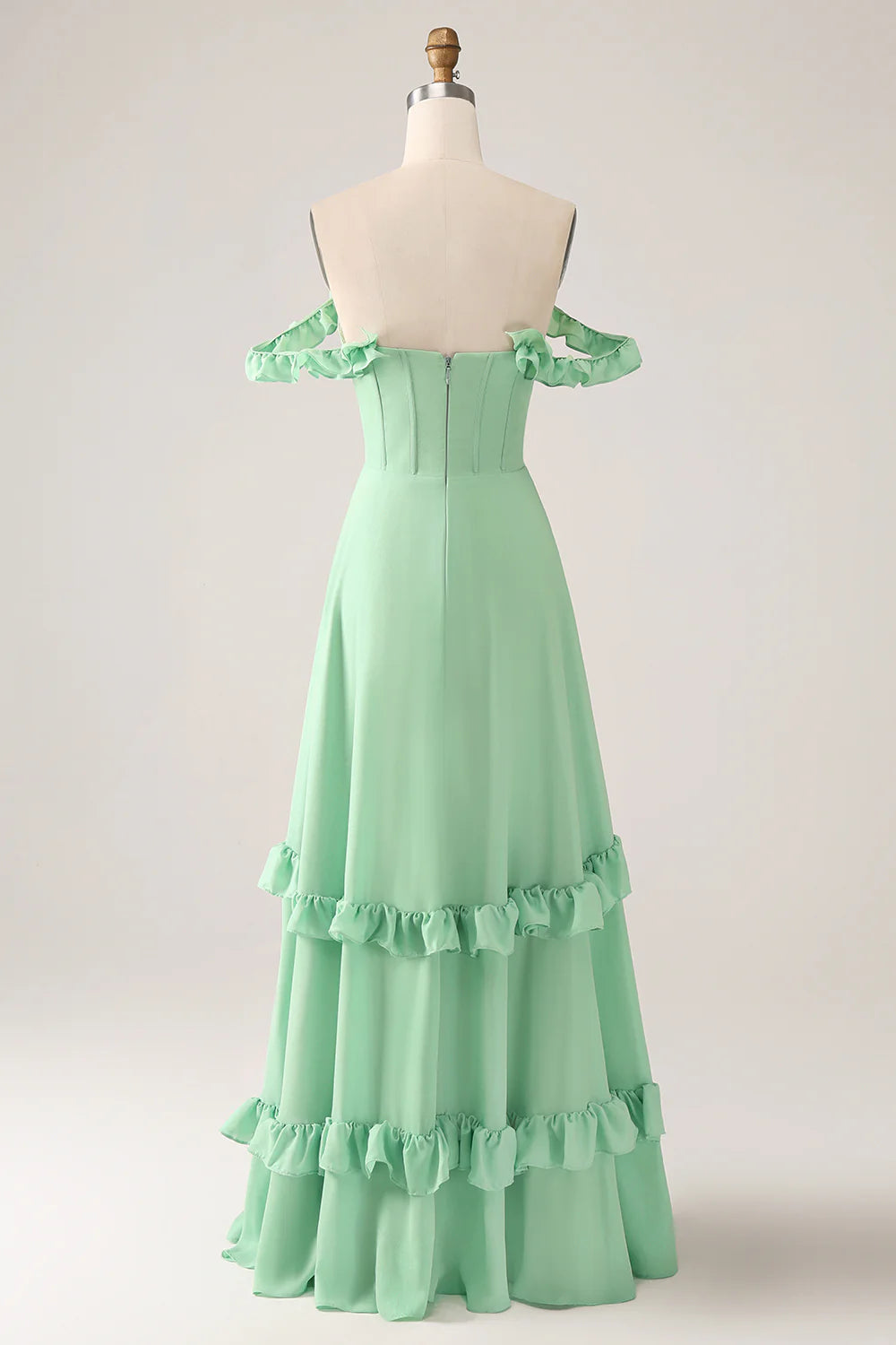 Green A Line Off The Shoulder Corset Bridesmaid Dress With Ruffles