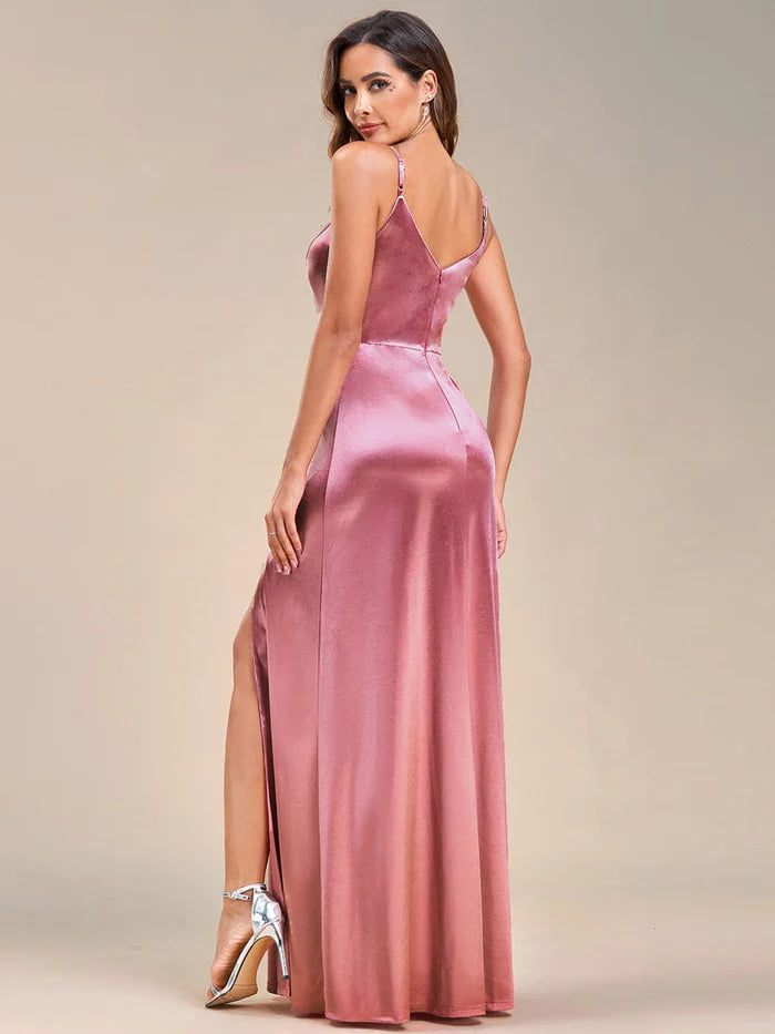 Spaghetti Straps High Stretch V-Neck Sleeveless Satin Evening Dress/Prom  Dresses