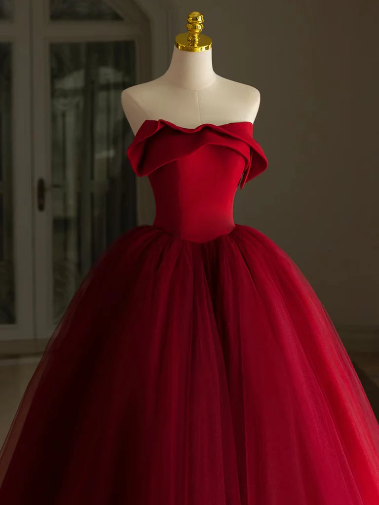 Buyishang A-Line Tulle Burgundy Long Prom Dress Burgundy Long Formal Dress