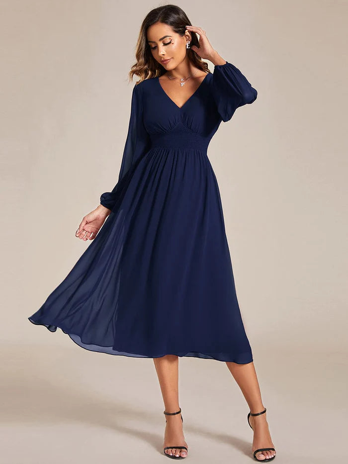 Chiffon V-Neck Long Sleeves  Band Midi Wedding Guest Dress