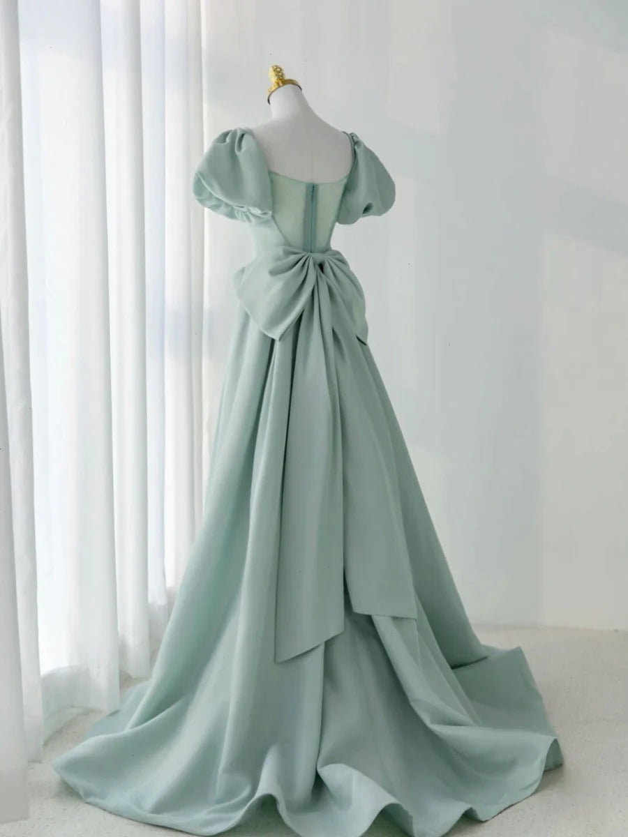 Buyishang A-Line Puff Sleeves Green Long Prom Dress Green Formal Dress
