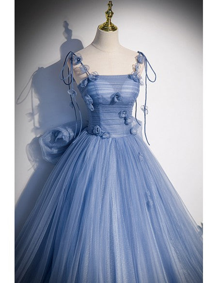 Fairytale Blue Flowers Long Tulle Ballgown Prom Dress