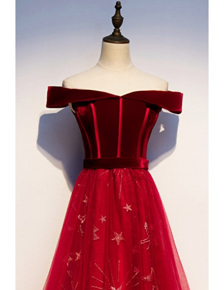 Burgundy Off Shoulder Long Prom Dress with Stars