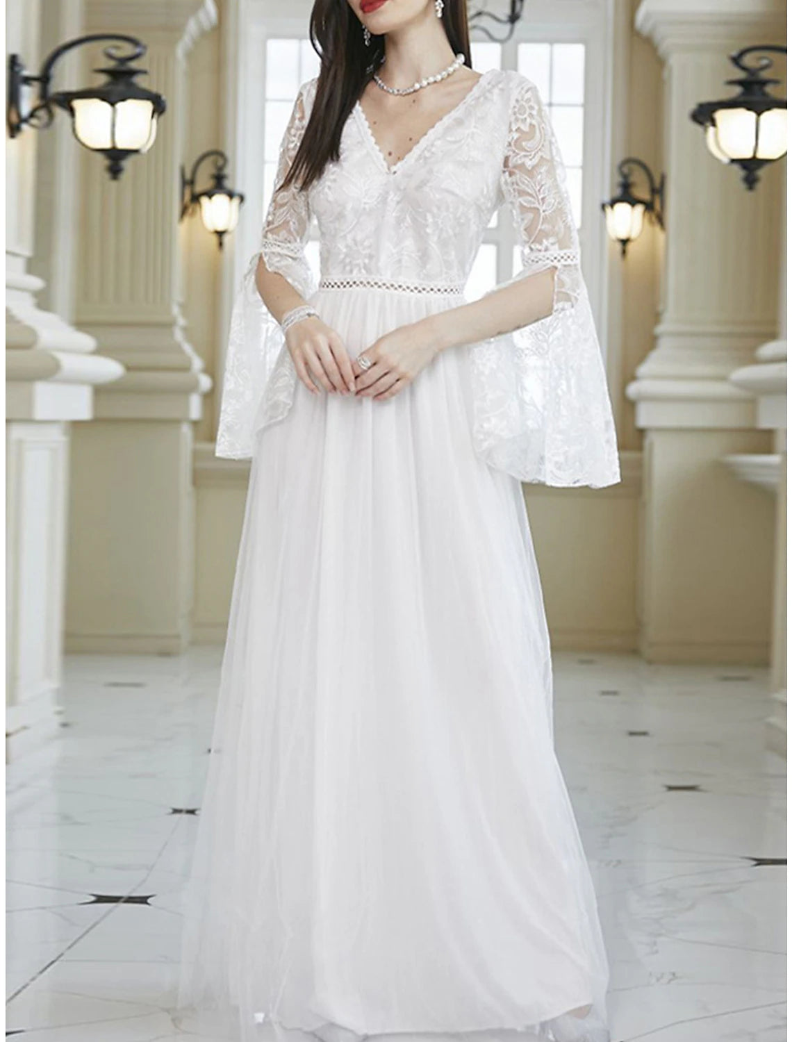 Women's Prom Dress Party Dress Lace Dress Long Dress Maxi Dress White Long Sleeve Pure Color Lace Summer Spring Fall V Neck Party Evening Party Wedding Guest Summer Dress