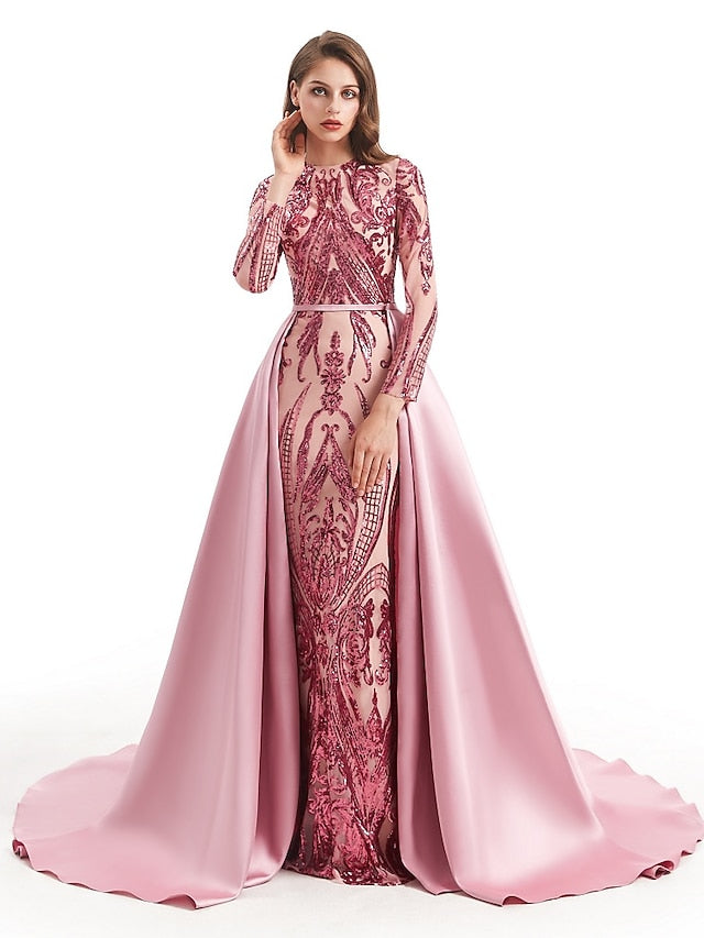 Mermaid Party Dress Evening Gown Luxurious Dress Carnival Wedding Guest Court Train Long Sleeve Jewel Neck Detachable Satin with Sequin Overskirt Pattern / Print