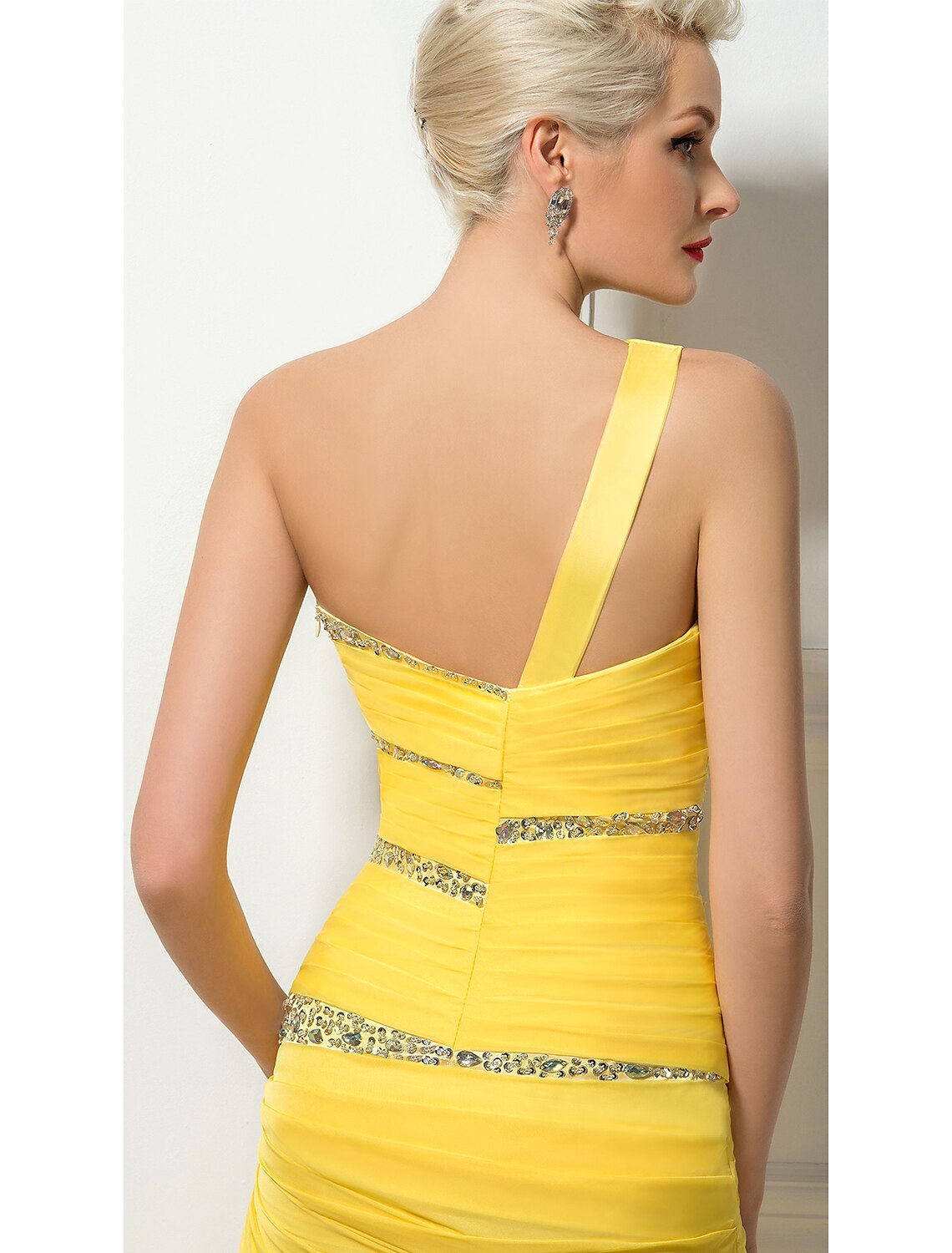 Sheath / Column Evening Gown Sexy Dress Wedding Guest Engagement Sweep / Brush Train Sleeveless One Shoulder Chiffon Backless with Ruched Crystals Sequin