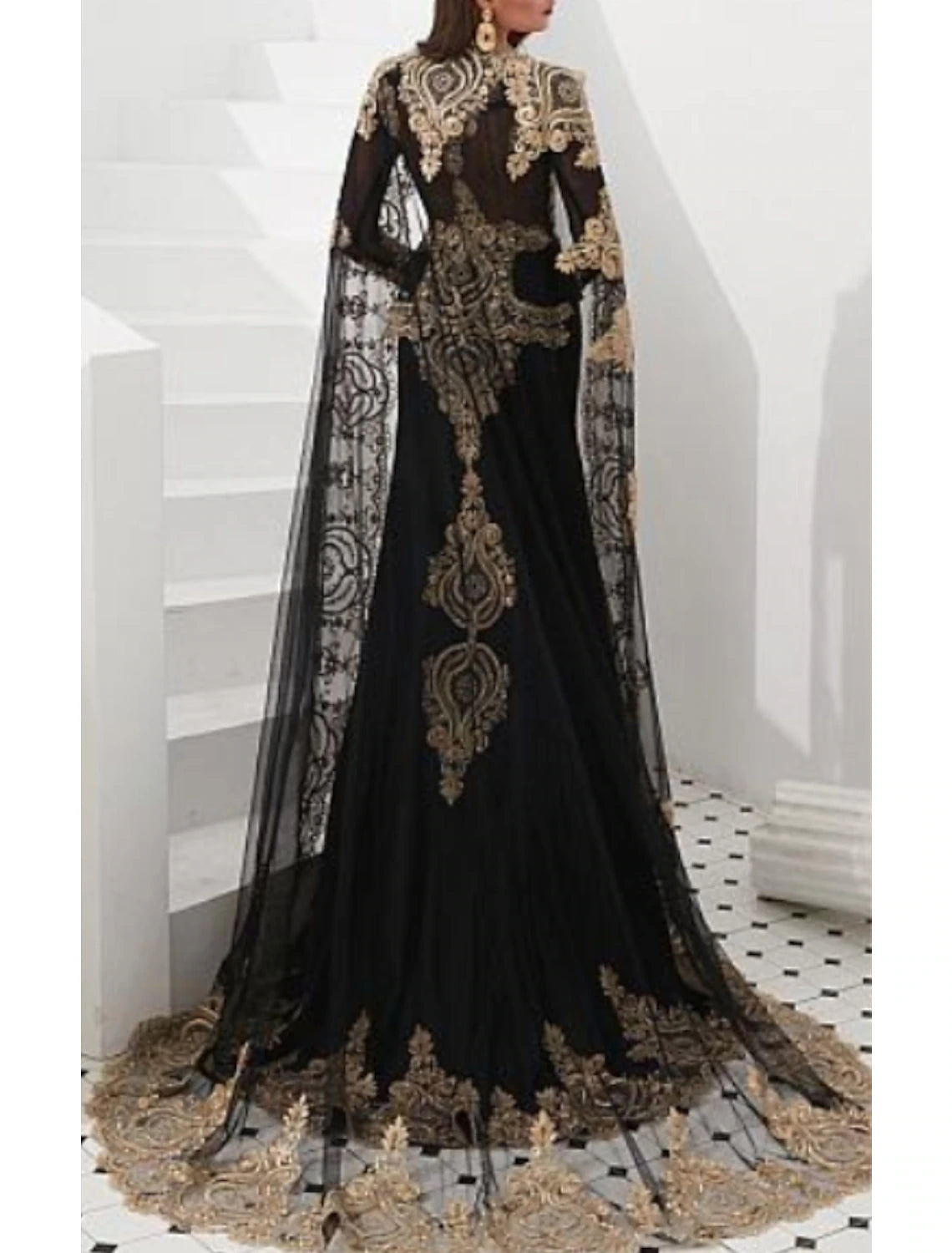 Mermaid Black Dress Evening Gown Black Dress Vintage Halloween Engagement Court Train Long Sleeve High Neck Wednesday Addams Family Satin with Appliques