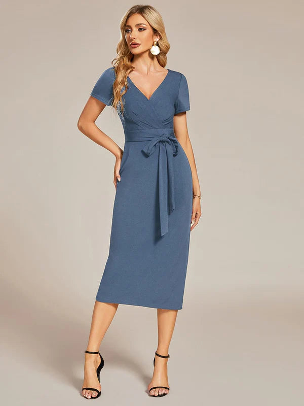 Short Sleeves V-Neck Tie-Waist Sheath Wedding Guest Dress