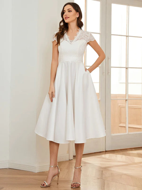Romantic V-neck Lace Bodice Wedding Guest Dress with