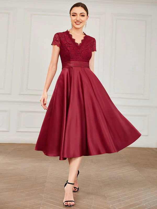 Romantic V-neck Lace Bodice Wedding Guest Dress with