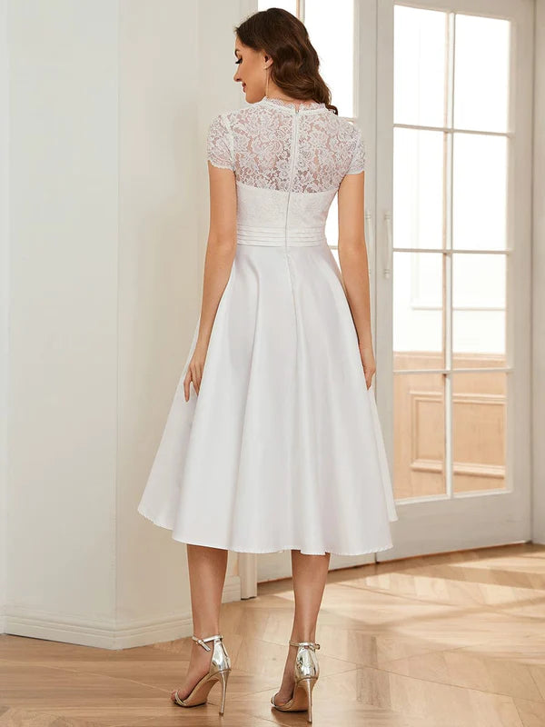 Romantic V-neck Lace Bodice Wedding Guest Dress with