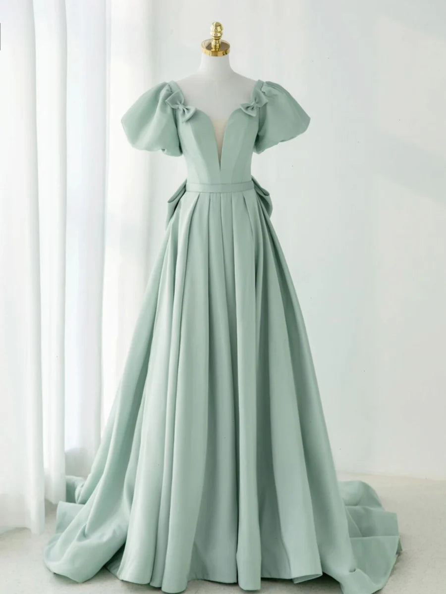 Buyishang A-Line Puff Sleeves Green Long Prom Dress Green Formal Dress