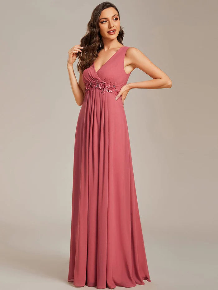 Floral Applique Sleeveless Chiffon Long Formal Evening Dress/Prom  Dresses