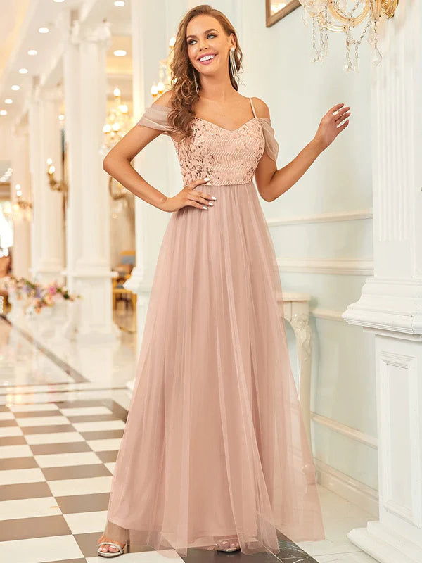 Sequin Bodice Cold Shoulder Floor Length Tulle Bridesmaid Dress