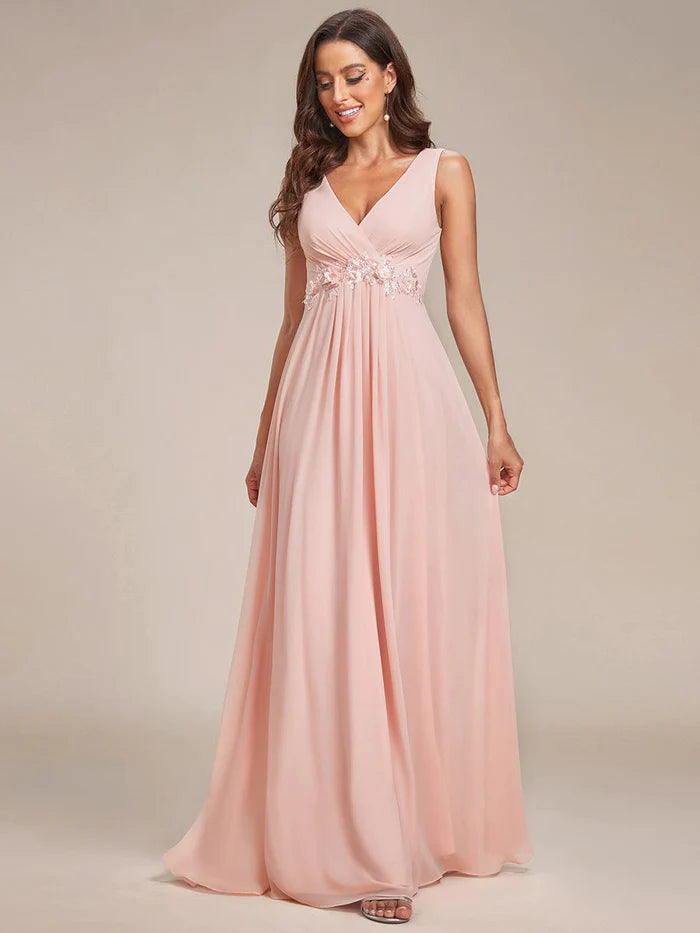 Floral Applique Sleeveless Chiffon Long Formal Evening Dress/Prom  Dresses