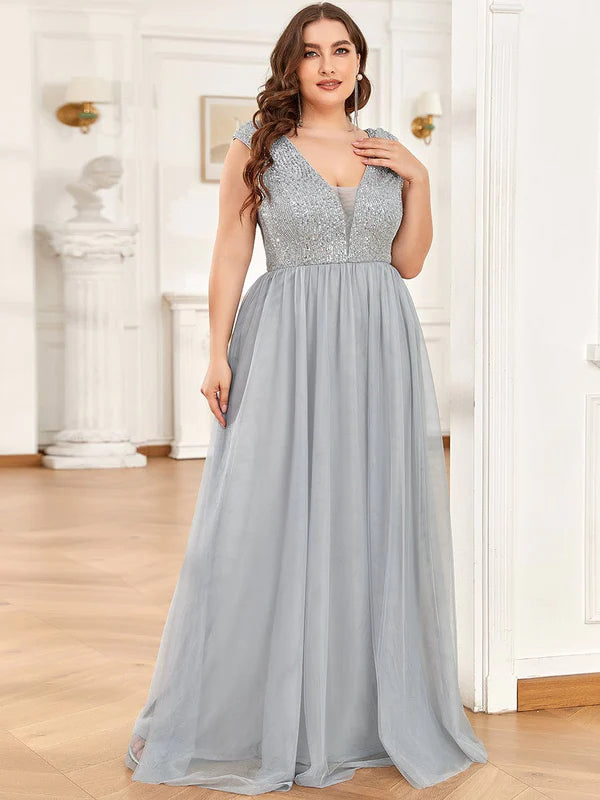 Plus Size Sequin Illusion Plunging V-Neckline Sleeveless A-Line Tulle Evening Dress