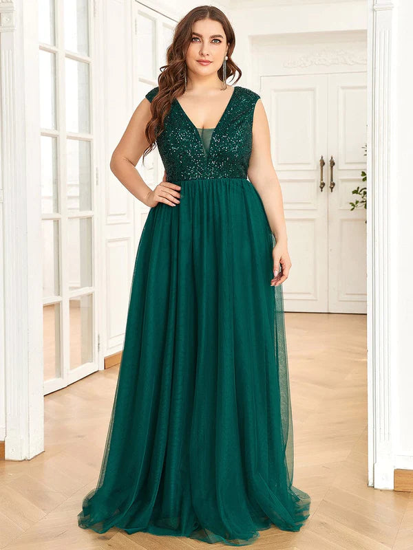 Plus Size Sequin Illusion Plunging V-Neckline Sleeveless A-Line Tulle Evening Dress