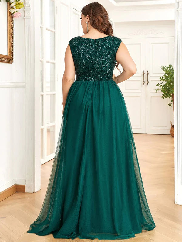 Plus Size Sequin Illusion Plunging V-Neckline Sleeveless A-Line Tulle Evening Dress