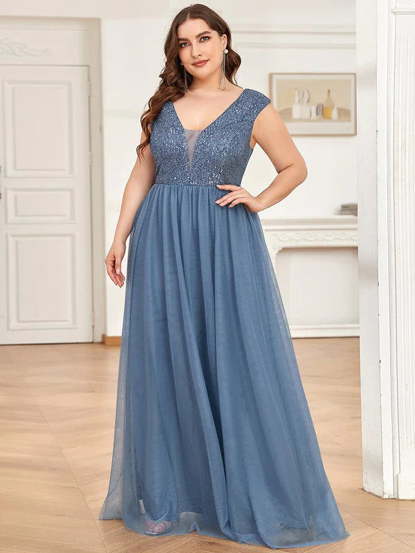 Plus Size Sequin Illusion Plunging V-Neckline Sleeveless A-Line Tulle Evening Dress