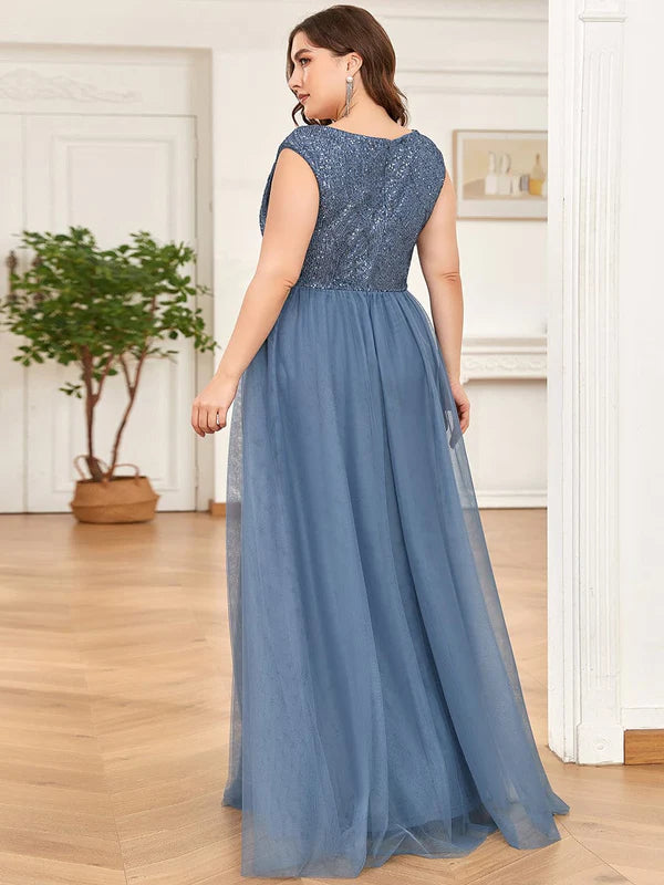 Plus Size Sequin Illusion Plunging V-Neckline Sleeveless A-Line Tulle Evening Dress