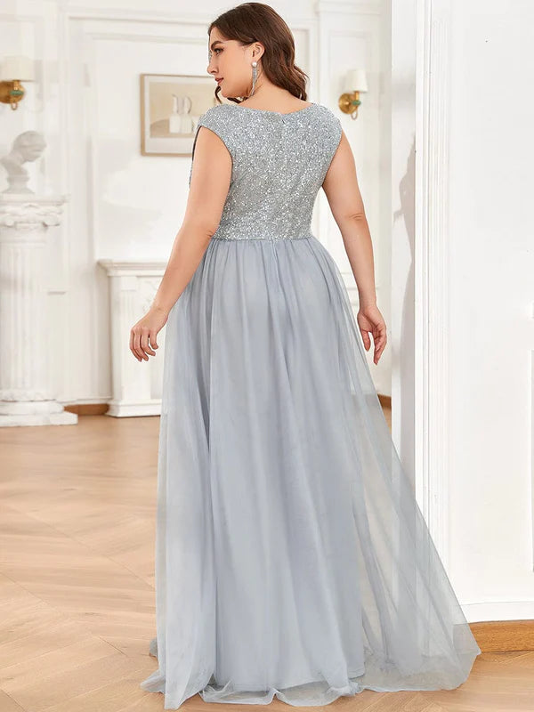 Plus Size Sequin Illusion Plunging V-Neckline Sleeveless A-Line Tulle Evening Dress