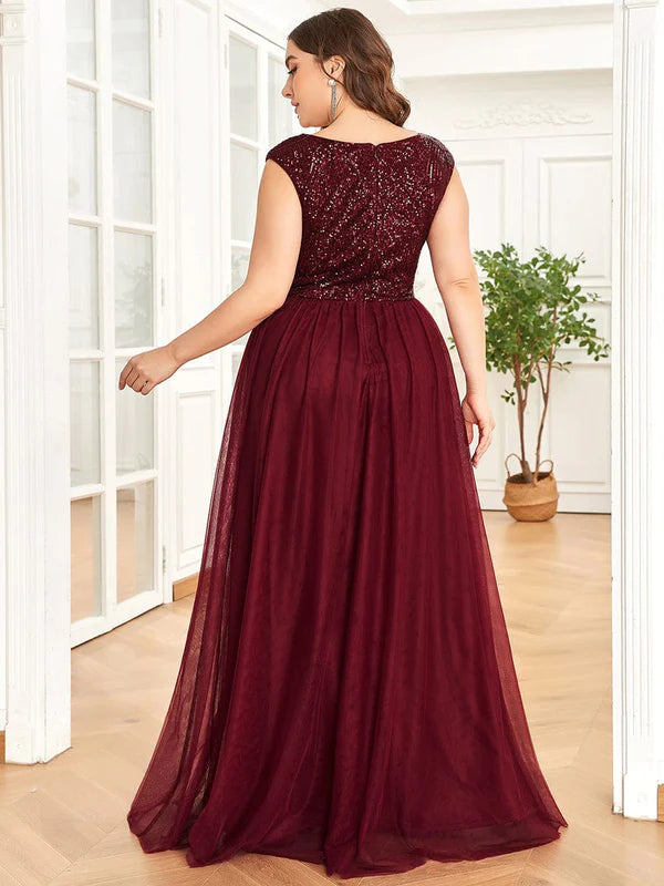 Plus Size Sequin Illusion Plunging V-Neckline Sleeveless A-Line Tulle Evening Dress